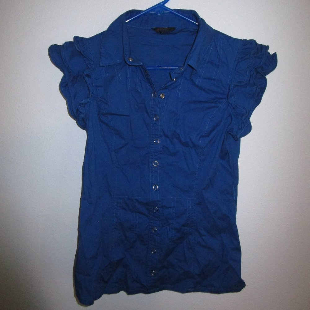 Blue Dereon Short Sleeve Button Up | Size S | Ruffle Sleeve